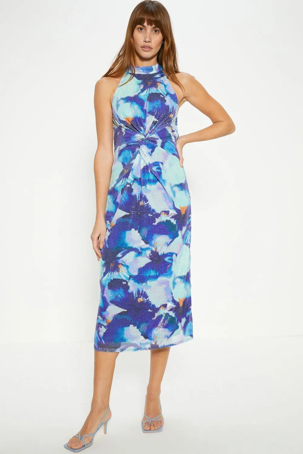 Outlet Oasis Sequin Knot Front Midi Dress Blue