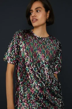 Sale Oasis Sequin Short Sleeve T-Shirt Mini Dress Multi