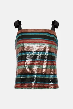 Discount Oasis Sequin Stripe Velvet Tie Strap Top Multi