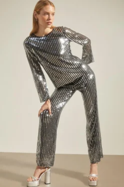 Outlet Oasis Sequin Stripe Wide Leg Trouser Silver