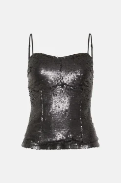 New Oasis Sequin Sweetheart Satin Strap Corset Top Black