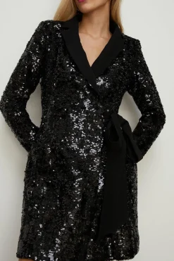 Discount Oasis Sequin Tweed Belted Tuxedo Dress Black
