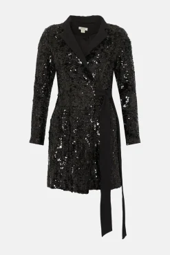 Discount Oasis Sequin Tweed Belted Tuxedo Dress Black