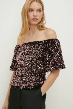 Best Oasis Sequin Velvet Bardot Top Pink