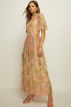 Fashion Oasis Sequin Watercolour Mesh Maxi Dress Apricot