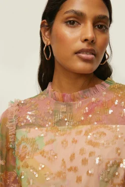 Best Oasis Sequin Watercolour Mesh Skater Dress Apricot