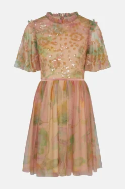 Best Oasis Sequin Watercolour Mesh Skater Dress Apricot