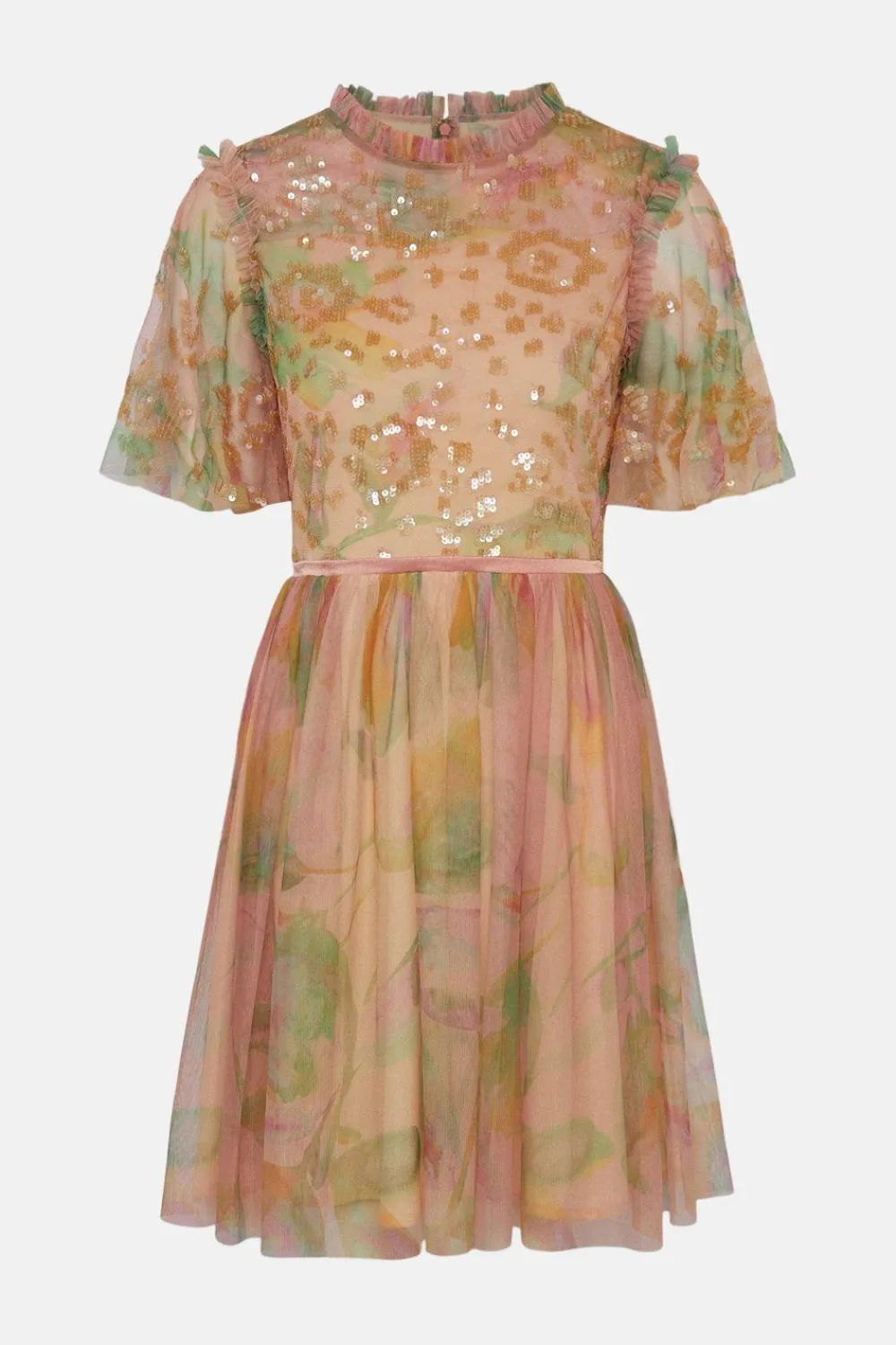 Best Oasis Sequin Watercolour Mesh Skater Dress Apricot