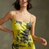 Best Oasis Shadow Floral Empire Seam Strappy Satin Slip Dress Chartreuse