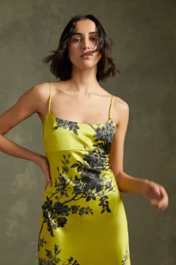 Best Oasis Shadow Floral Empire Seam Strappy Satin Slip Dress Chartreuse