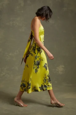 Best Oasis Shadow Floral Empire Seam Strappy Satin Slip Dress Chartreuse
