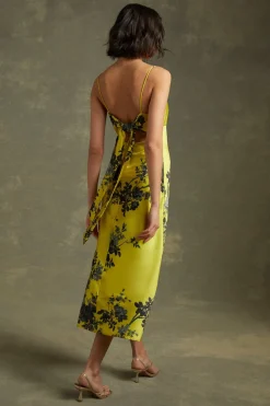 Best Oasis Shadow Floral Empire Seam Strappy Satin Slip Dress Chartreuse