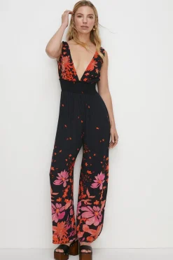 New Oasis Sheena Floral Beaded Tie Back Jumpsuit Black