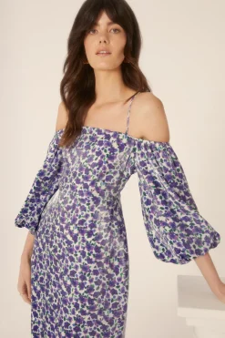 Hot Oasis Shimmer Ditsy Printed Bardot Midi Dress Purple