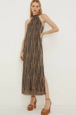 New Oasis Shimmer Plisse Halter Tie Neck Midi Dress Metallic Blush