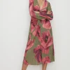 Clearance Oasis Shimmer Plisse V Neck Twist Front Midi Dress Khaki