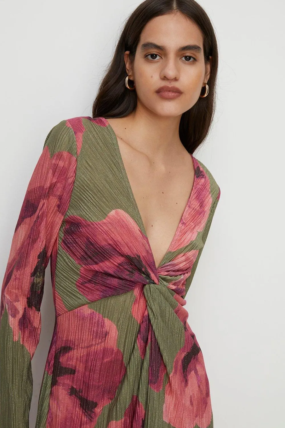 Clearance Oasis Shimmer Plisse V Neck Twist Front Midi Dress Khaki