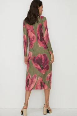 Clearance Oasis Shimmer Plisse V Neck Twist Front Midi Dress Khaki