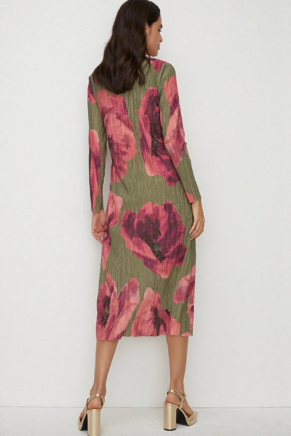Clearance Oasis Shimmer Plisse V Neck Twist Front Midi Dress Khaki