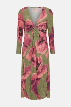Clearance Oasis Shimmer Plisse V Neck Twist Front Midi Dress Khaki