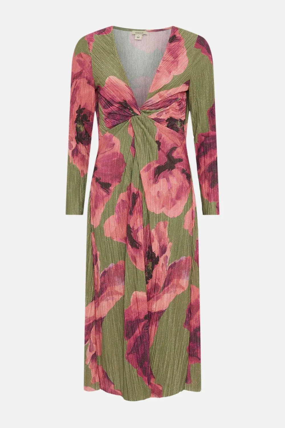 Clearance Oasis Shimmer Plisse V Neck Twist Front Midi Dress Khaki