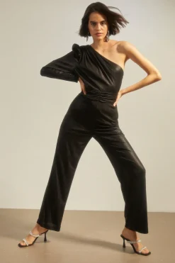Hot Oasis Shimmer Ruched One Shoulder Jumpsuit Black