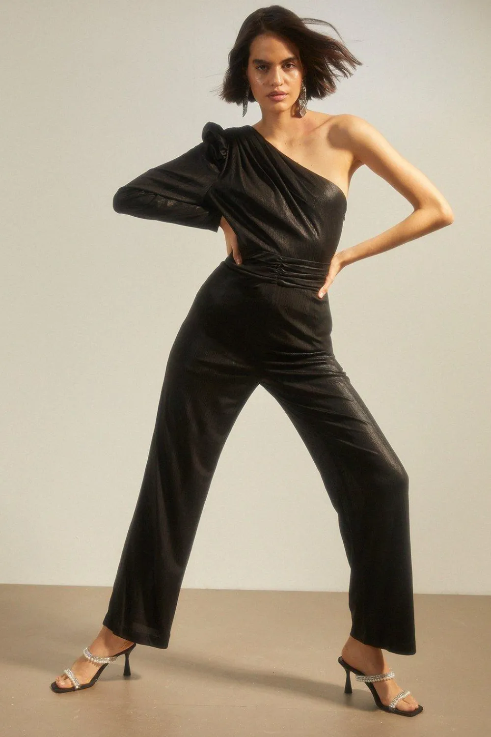Hot Oasis Shimmer Ruched One Shoulder Jumpsuit Black