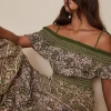 Discount Oasis Shirred Cold Shoulder Paisley Tiered Midi Dress Khaki