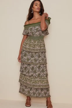 Discount Oasis Shirred Cold Shoulder Paisley Tiered Midi Dress Khaki