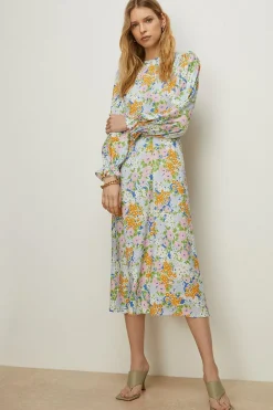 Sale Oasis Shirred Cuff Meadow Floral Print Midi Dress Blue
