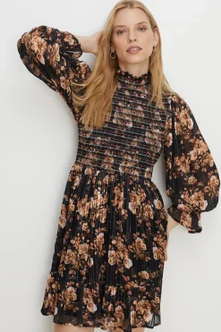 Best Oasis Shirred Shimmer Floral Flippy Skater Dress Black