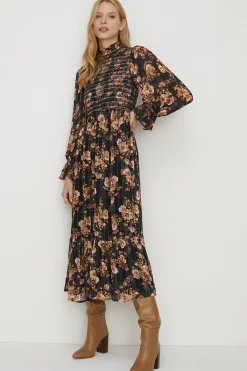Outlet Oasis Shirred Shimmer Floral Midi Dress Black