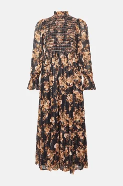 Outlet Oasis Shirred Shimmer Floral Midi Dress Black