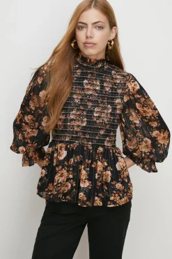 Sale Oasis Shirred Shimmer Floral Top Black