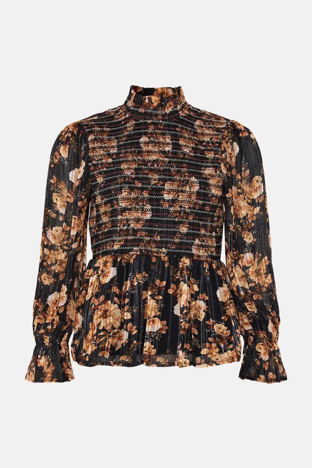 Sale Oasis Shirred Shimmer Floral Top Black