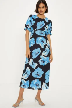 Clearance Oasis Short Sleeve Printed Midi Tea Dress Blue