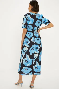 Clearance Oasis Short Sleeve Printed Midi Tea Dress Blue