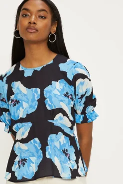 Fashion Oasis Short Sleeve Printed Tea Blouse Blue