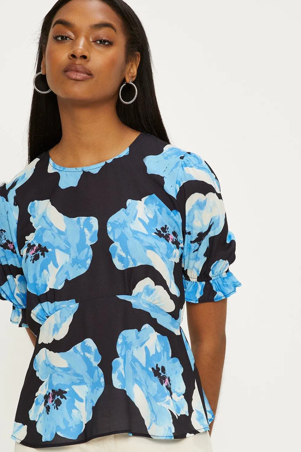 Fashion Oasis Short Sleeve Printed Tea Blouse Blue