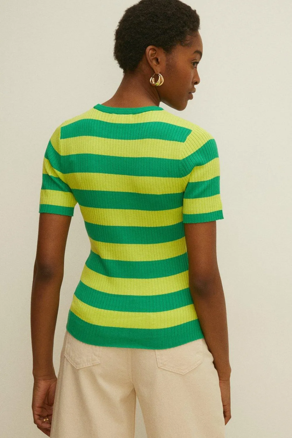 Fashion Oasis Short Sleeve Stripe Rib Knitted Top Green