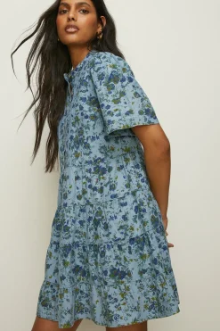Best Oasis Short Sleeved Pintuck Printed Mini Dress Floral
