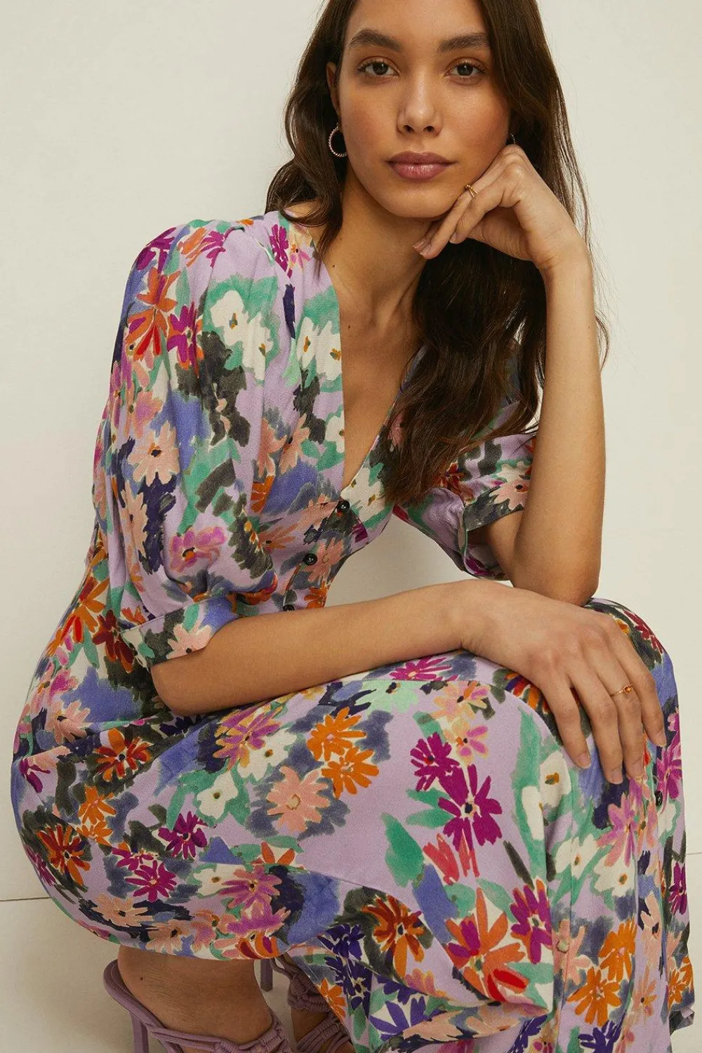 Fashion Oasis Sketchy Floral Puff Sleeve Button Midi Dress Pale Blue