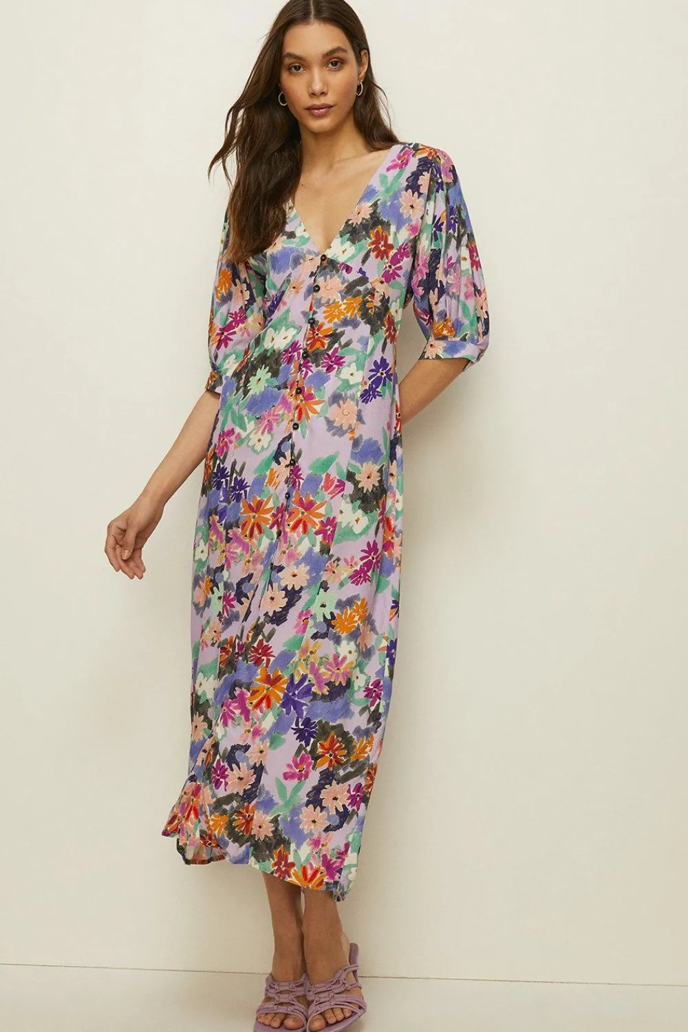 Fashion Oasis Sketchy Floral Puff Sleeve Button Midi Dress Pale Blue