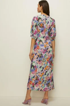 Fashion Oasis Sketchy Floral Puff Sleeve Button Midi Dress Pale Blue