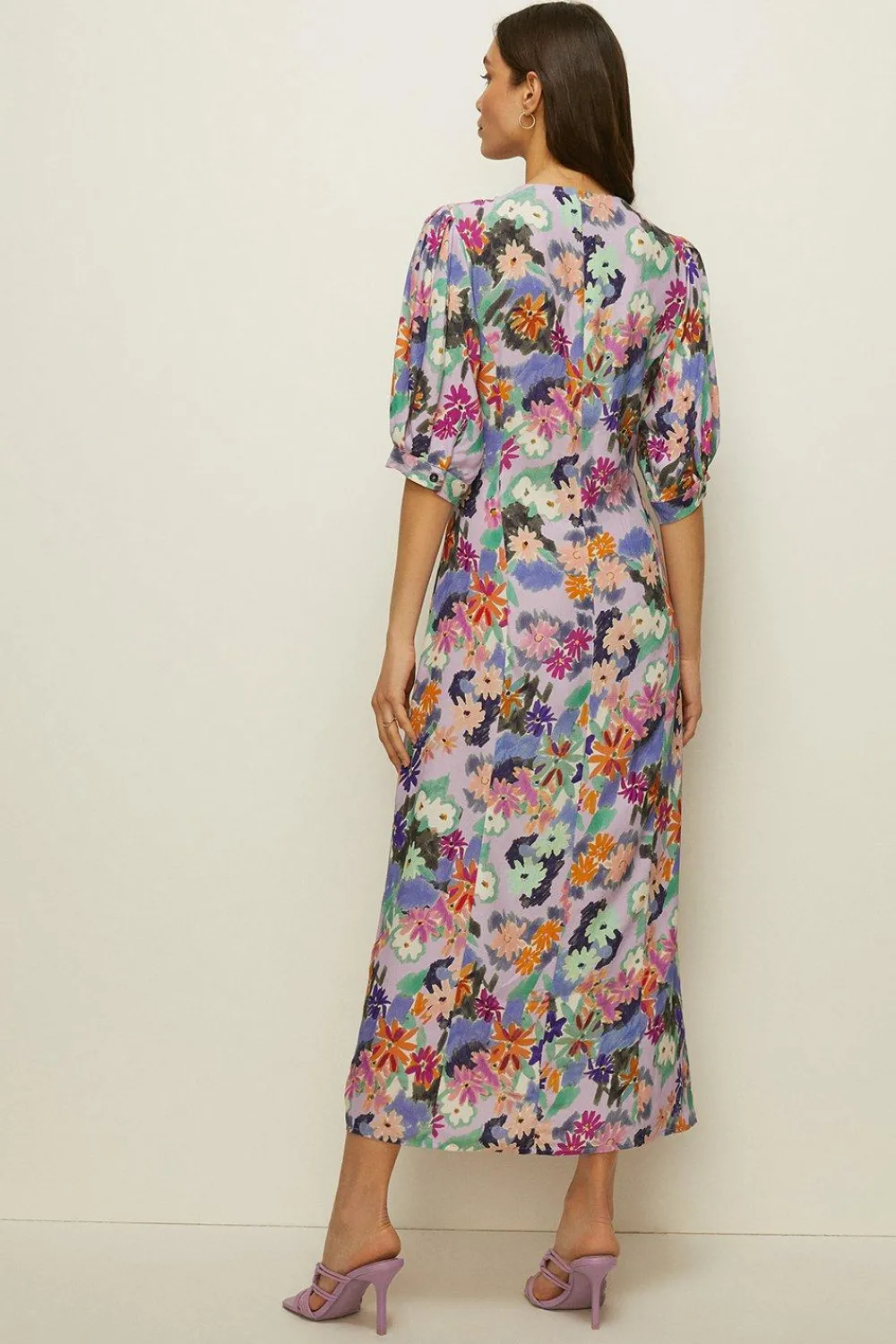 Fashion Oasis Sketchy Floral Puff Sleeve Button Midi Dress Pale Blue