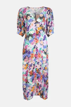 Fashion Oasis Sketchy Floral Puff Sleeve Button Midi Dress Pale Blue
