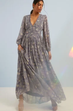 Sale Oasis Sketchy Floral Ruched Button Front Maxi Dress Vintage Blue