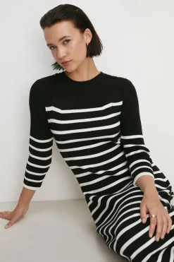 New Oasis 3/4 Sleeve Bretton Rib Knitted Midi Dress Black