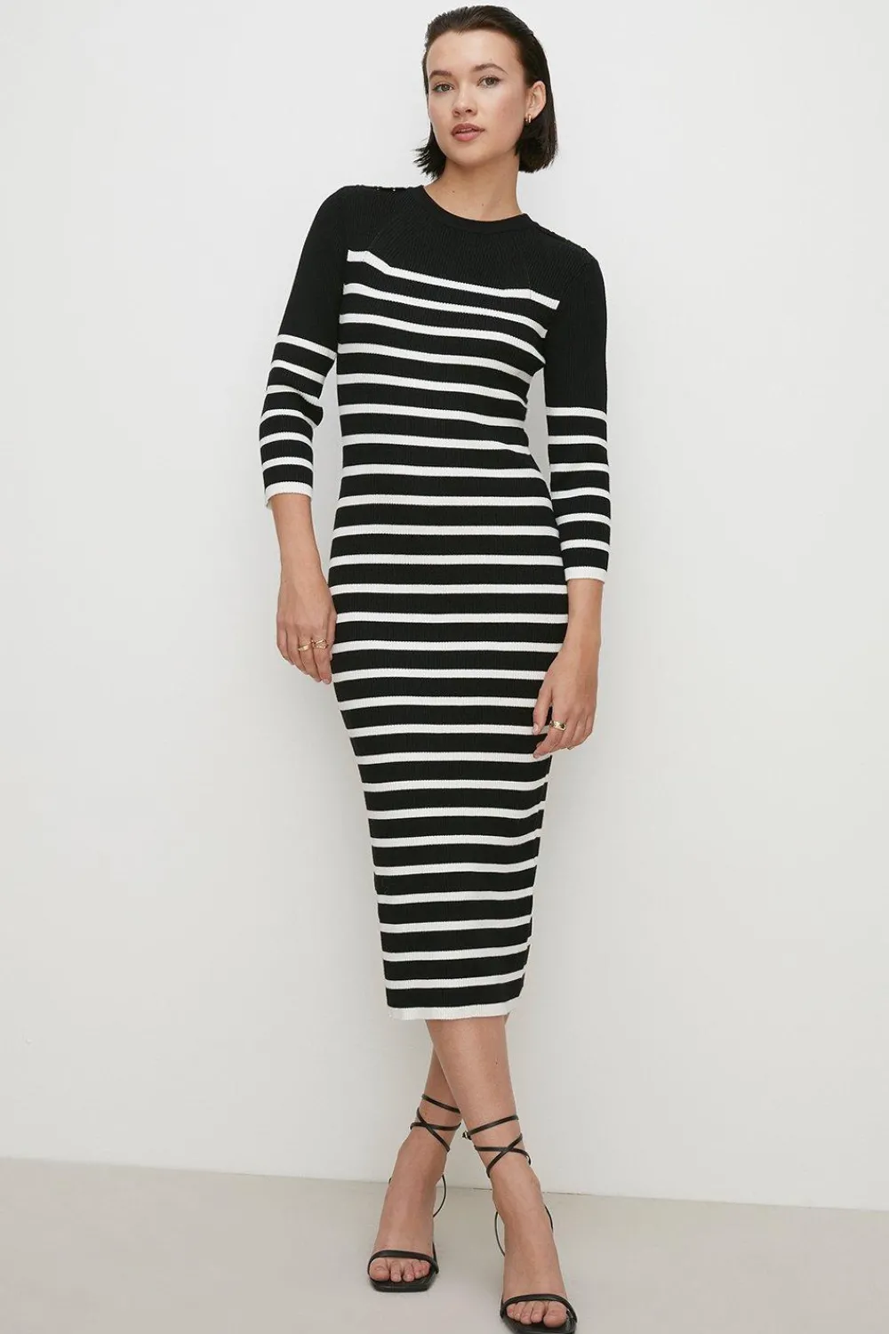 New Oasis 3/4 Sleeve Bretton Rib Knitted Midi Dress Black