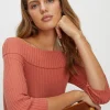 Hot Oasis 3/4 Sleeve Rib Bardot Knit Jumper Coral